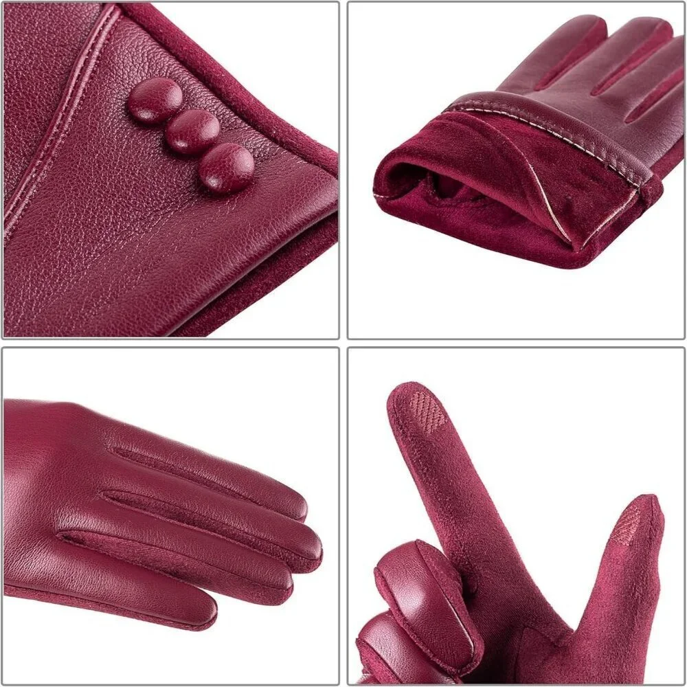 Women's Winter Leather Gloves Touch Screen Wool Lined Windproof Warm Suede Red